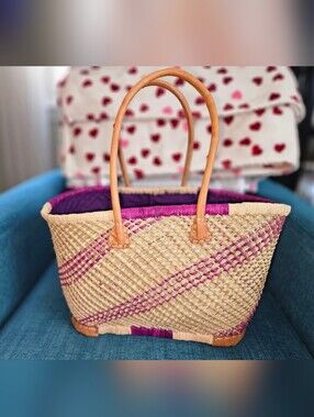 Straw Tote Bag with Purple Trim